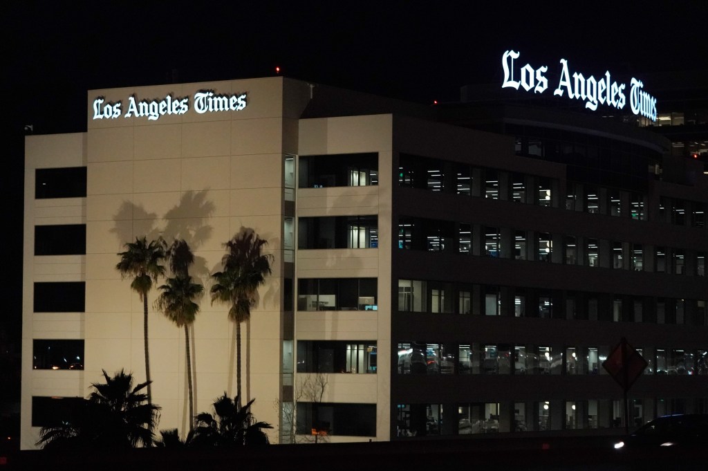 LA Times newspaper sign at headquarters.