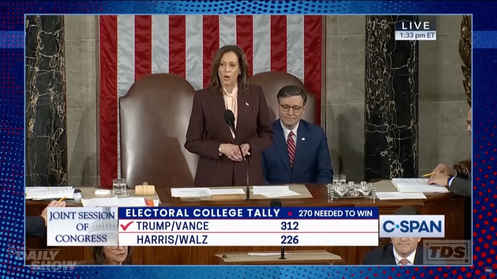 Jon Stewart and Kamala Harris on The Daily Show, with Harris standing at a podium with a microphone