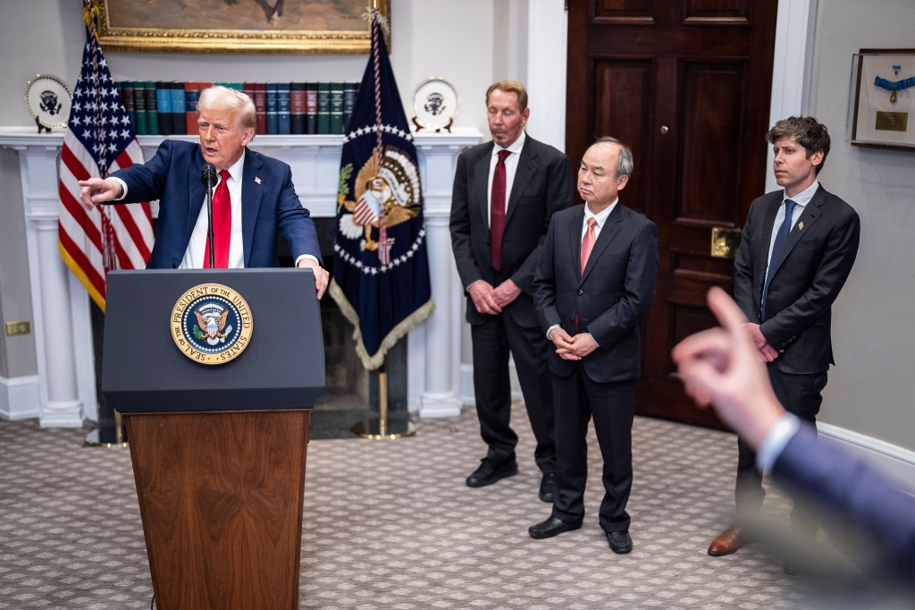 President Trump on Tuesday with Larry Ellison, Masayoshi Son and Sam Altman.