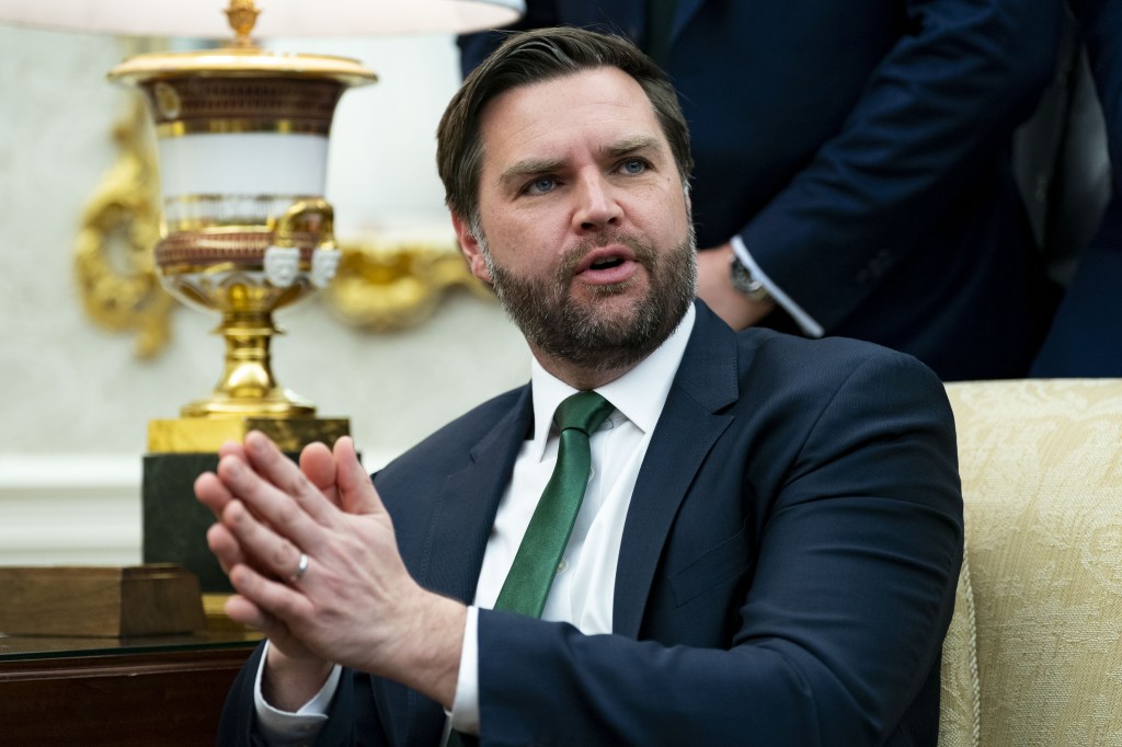 Vice President JD Vance speaks while President Donald Trump meets with Irish Taiseach Micheal Martin at the White House Oval Office in Washington, DC.